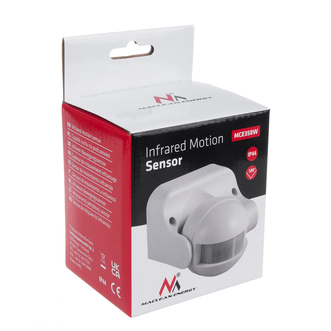 Maclean PIR senzor pokreta, infracrveni, IP44, bijeli, domet 12 m, max. opterećenje 800/1200 W, MCE358 W