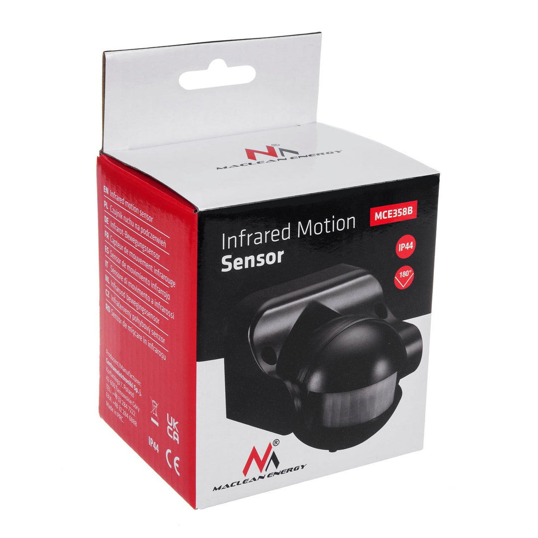 Maclean PIR senzor pokreta, infracrveni, IP44, crni, domet 12 m, max. opterećenje 800/1200 W, MCE358 B