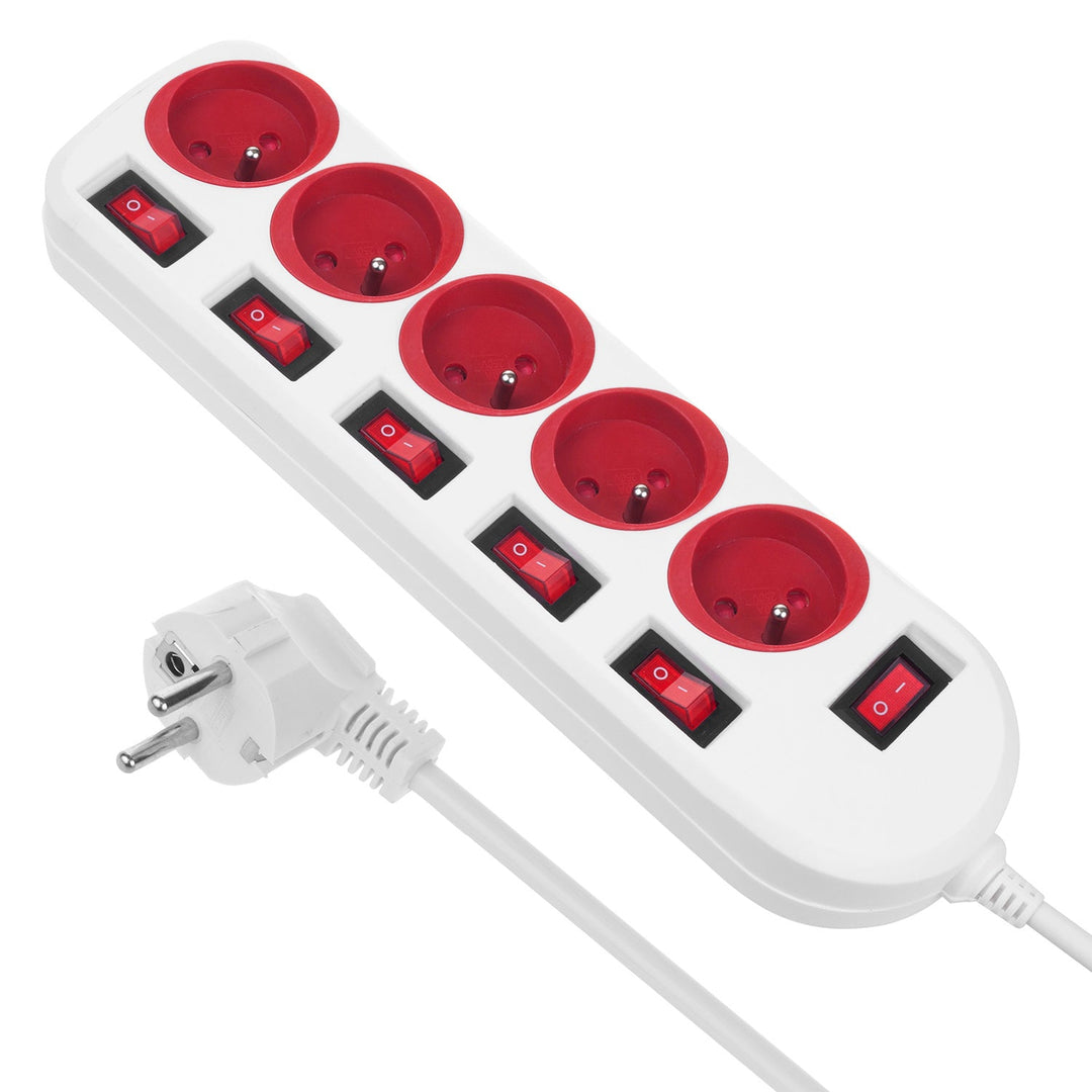 Maclean produžni kabel s 5 utičnica, s prekidačima, 250 VAC/10 A, 1,5 m, MCE204 R/W