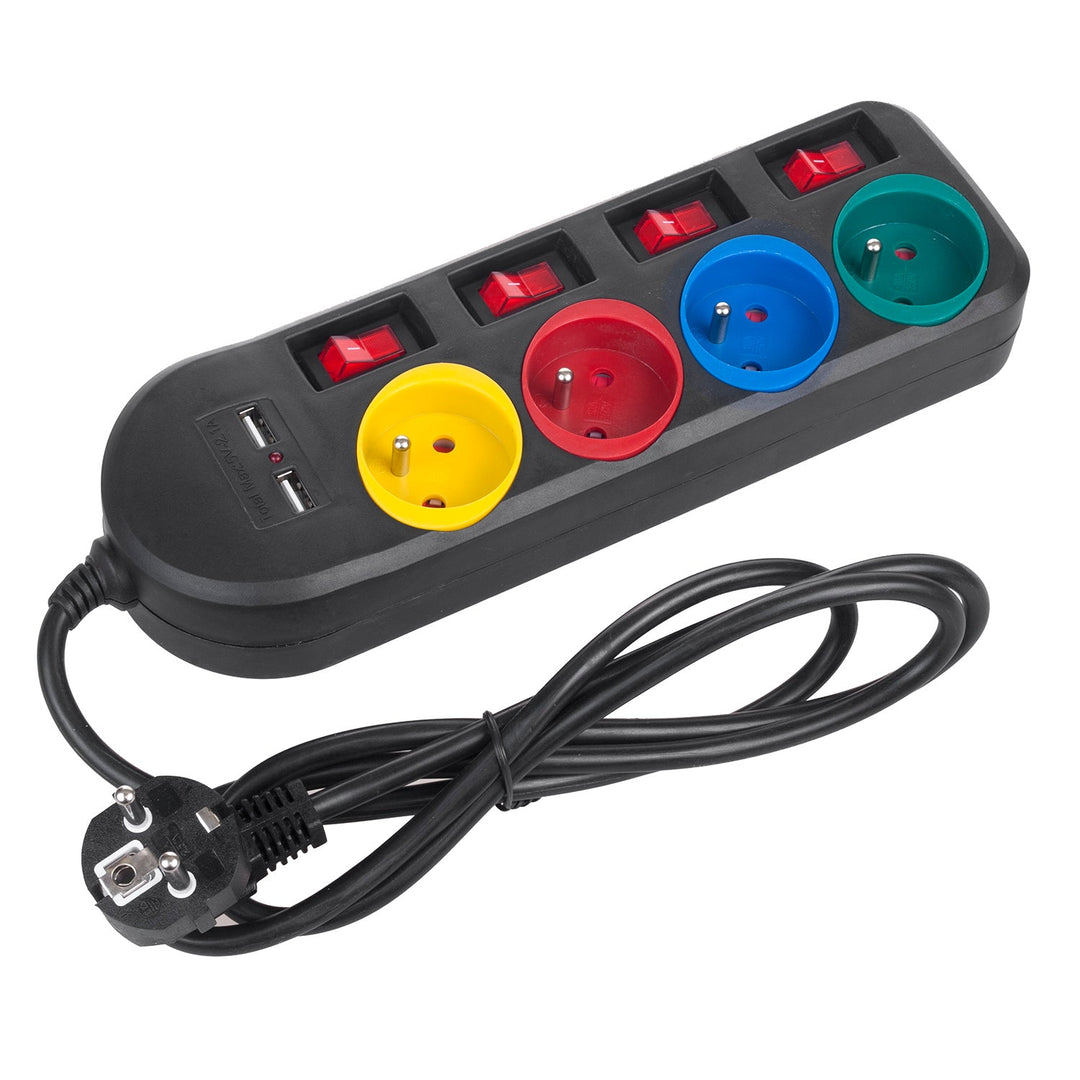 Maclean produžni kabel s 4 utičnice + 2 USB priključka, s prekidačima, 250 VAC/10 A, 2,1 A 5 V, 1,5 m, crni, MCE229 B