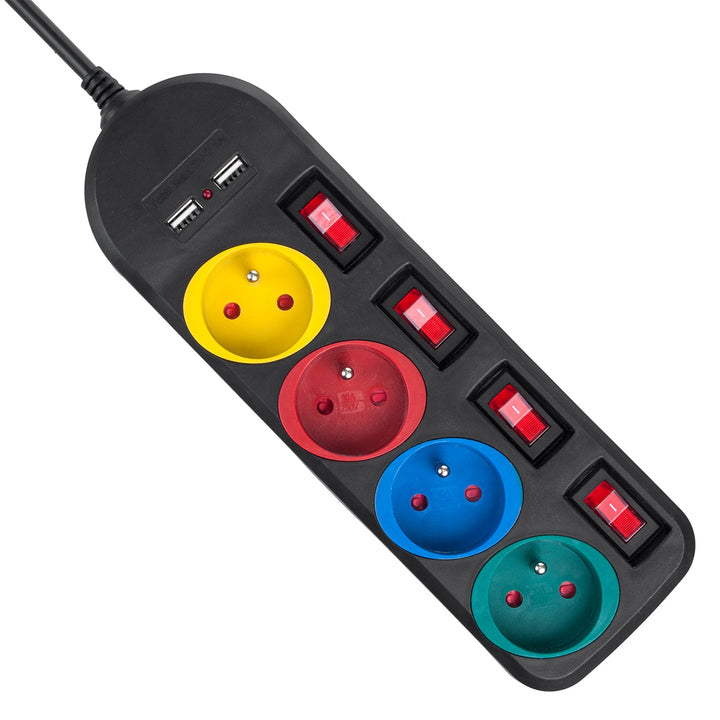 Maclean produžni kabel s 4 utičnice + 2 USB priključka, s prekidačima, 250 VAC/10 A, 2,1 A 5 V, 1,5 m, crni, MCE229 B
