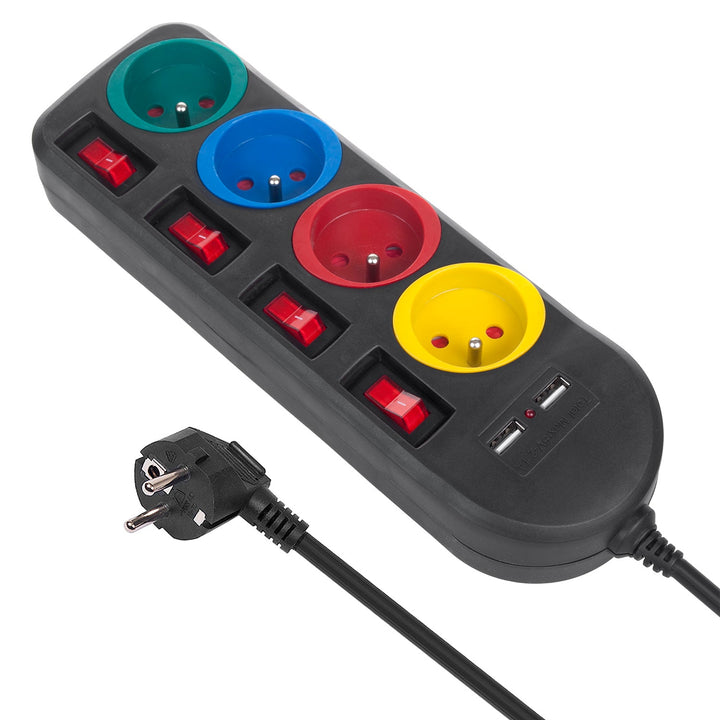 Maclean produžni kabel s 4 utičnice + 2 USB priključka, s prekidačima, 250 VAC/10 A, 2,1 A 5 V, 1,5 m, crni, MCE229 B
