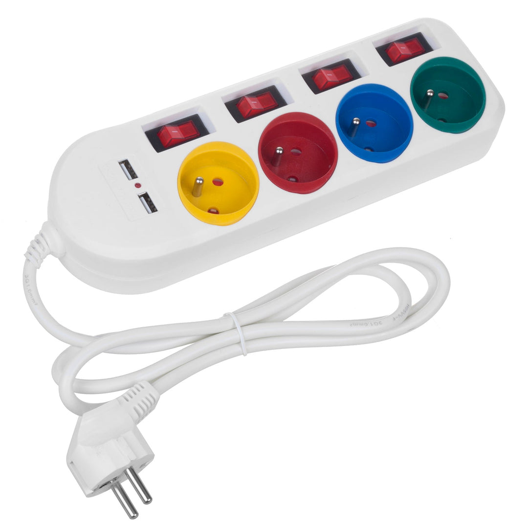 Maclean produžni kabel s 4 utičnice + 2 USB priključka, s prekidačima, 250 VAC/10 A, 2,1 A 5 V, 1,5 m, bijeli, MCE229 W