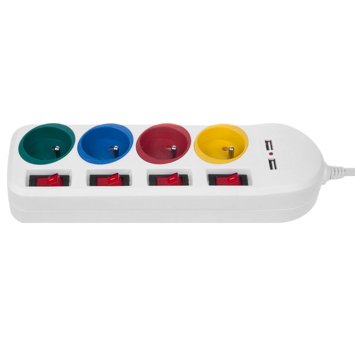 Maclean produžni kabel s 4 utičnice + 2 USB priključka, s prekidačima, 250 VAC/10 A, 2,1 A 5 V, 1,5 m, bijeli, MCE229 W