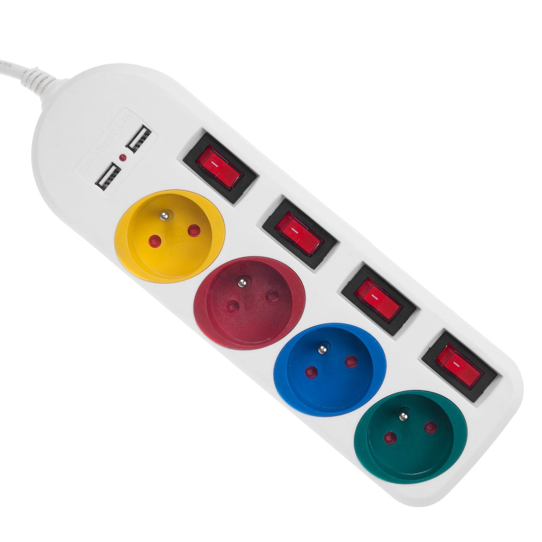 Maclean produžni kabel s 4 utičnice + 2 USB priključka, s prekidačima, 250 VAC/10 A, 2,1 A 5 V, 1,5 m, bijeli, MCE229 W