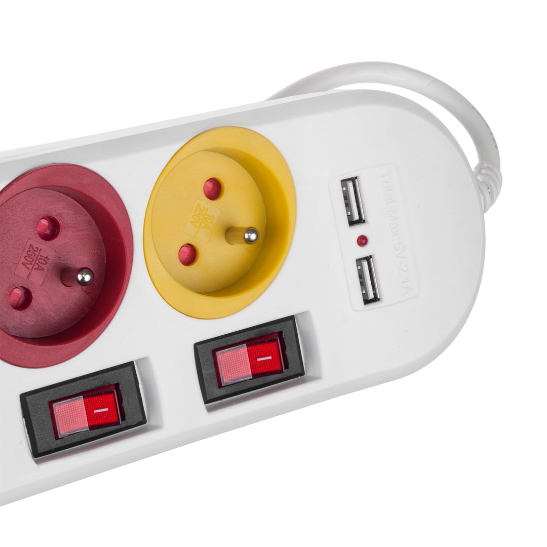 Maclean produžni kabel s 4 utičnice + 2 USB priključka, s prekidačima, 250 VAC/10 A, 2,1 A 5 V, 1,5 m, bijeli, MCE229 W