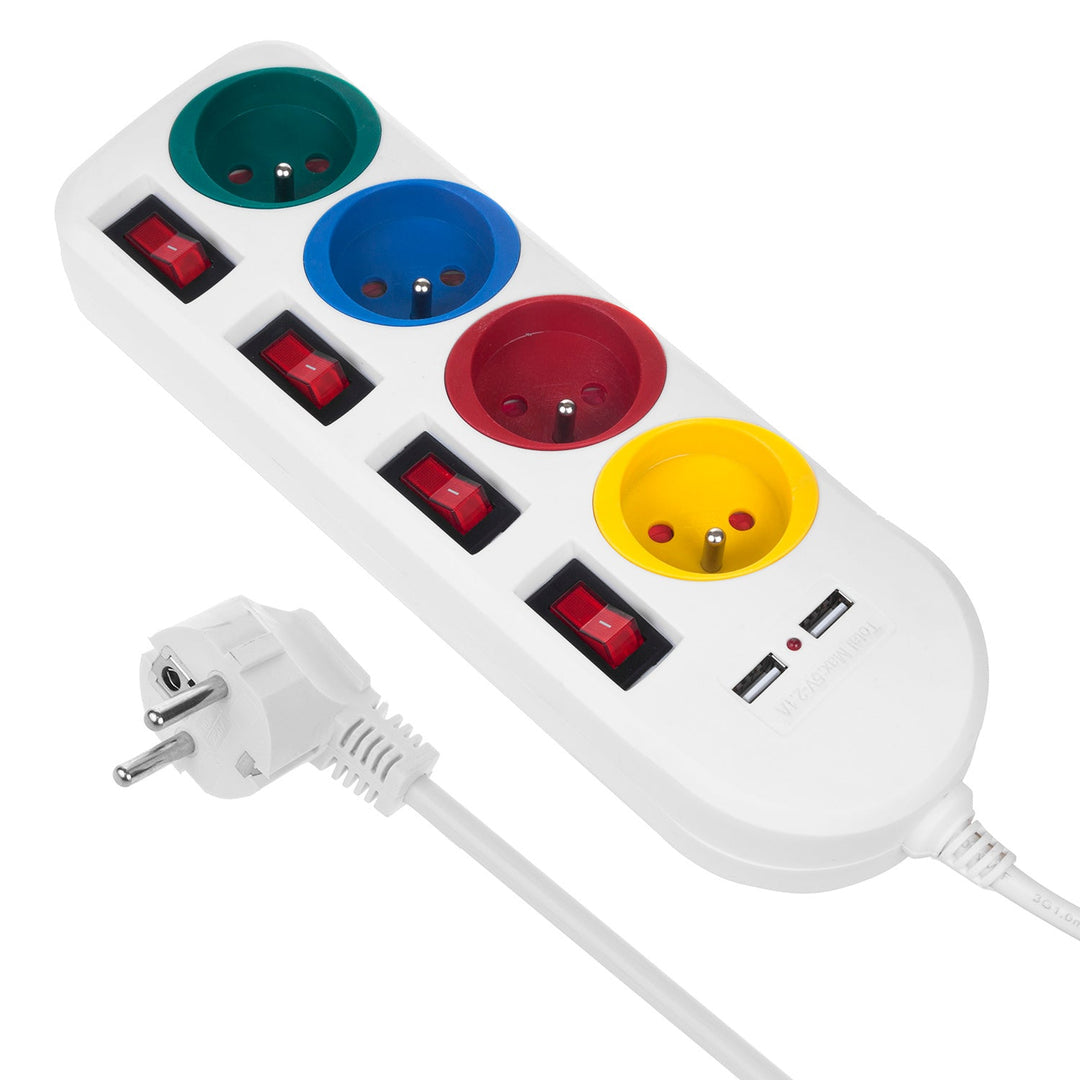 Maclean produžni kabel s 4 utičnice + 2 USB priključka, s prekidačima, 250 VAC/10 A, 2,1 A 5 V, 1,5 m, bijeli, MCE229 W