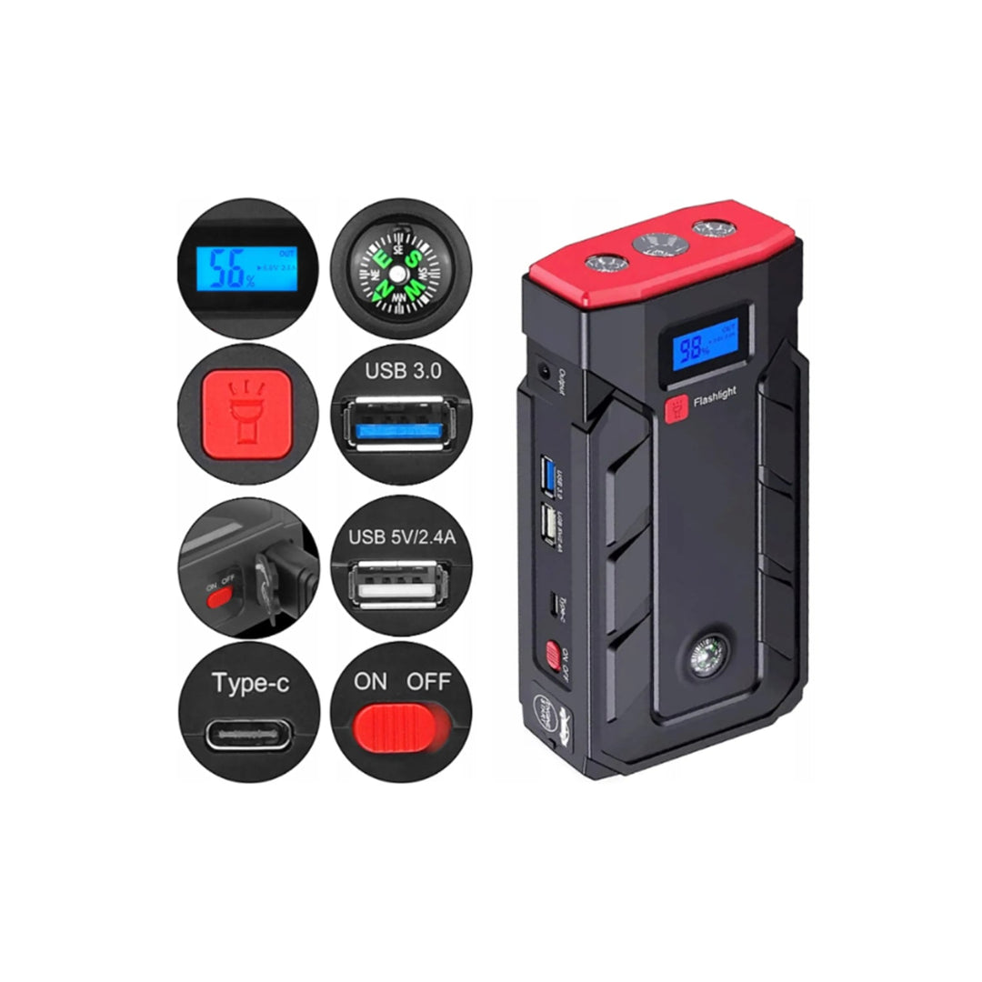 Acumulator extern pornire auto/Jump starter multifunctional, 12 V, capacitate 20.000 mAh, lanterna