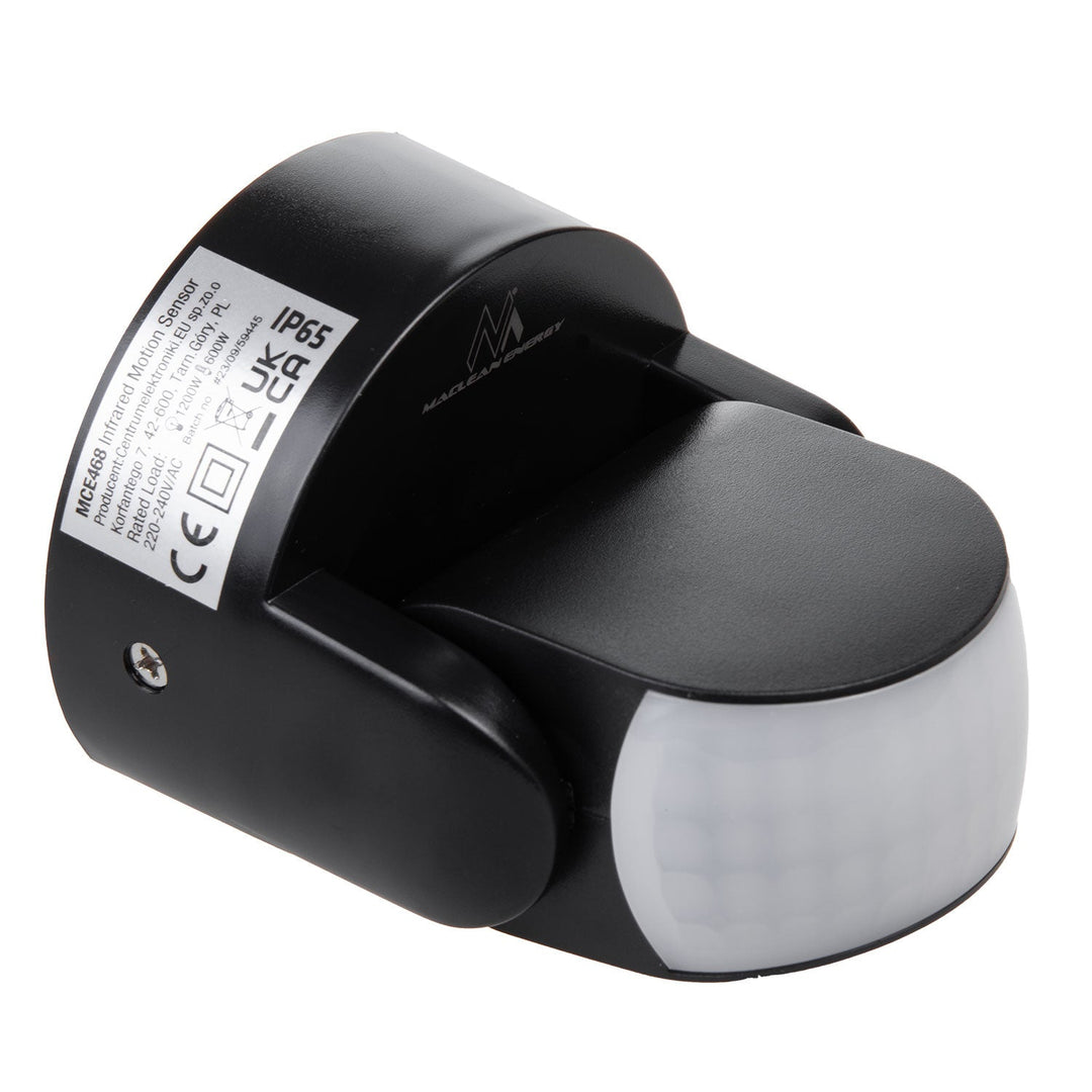 Maclean PIR senzor pokreta, infracrveni, IP65, crni, domet 12 m, maksimalno opterećenje 600/1200 W, MCE468 B