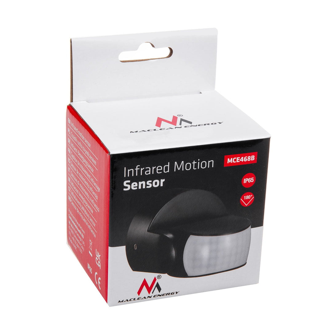Maclean PIR senzor pokreta, infracrveni, IP65, crni, domet 12 m, maksimalno opterećenje 600/1200 W, MCE468 B