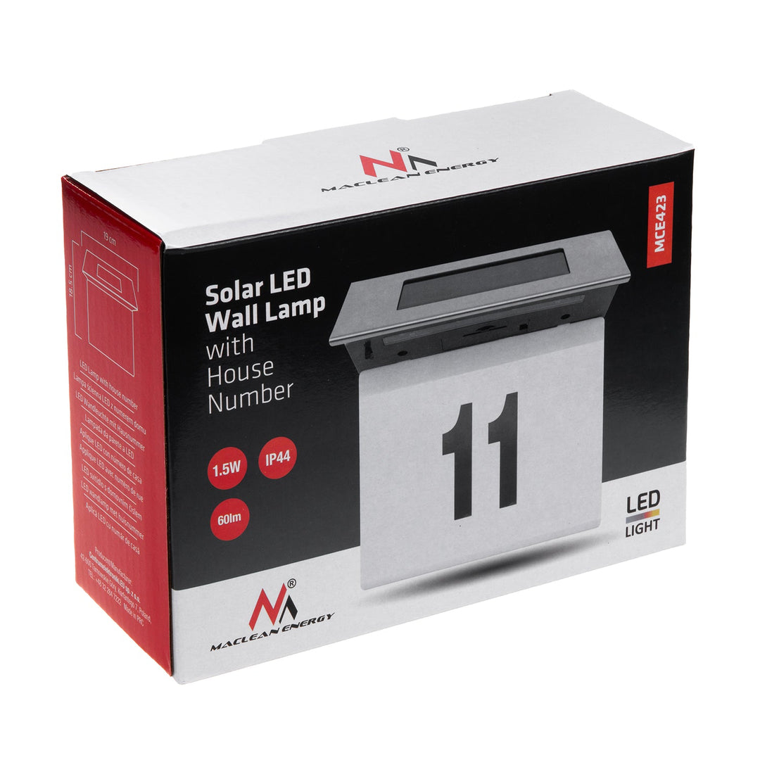 Solarna LED lampa s kućnim brojem Maclean, IP44, 1W, 60 lm, 6000 K, 600 mAh baterija, 2,5 V DC, 70 mA, MCE423